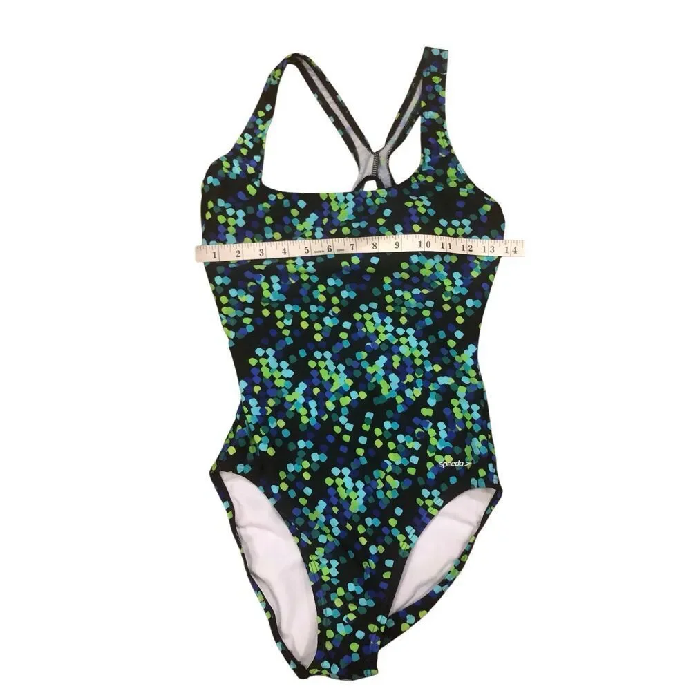 Speedo classic racerback swimsuit with a vibrant blue and green patterned print